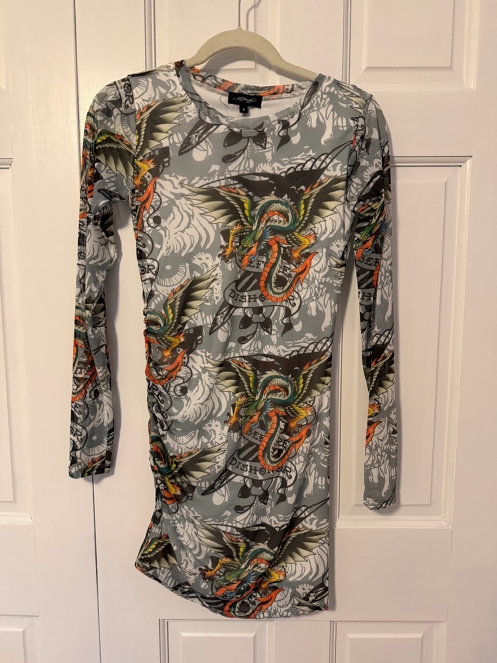 Ed Hardy Mesh Long Sleeve Mini Dress Small Tattoo Graphic Bodycon NWT